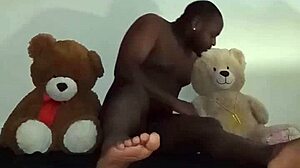 enjoying threesome with furry toy bears