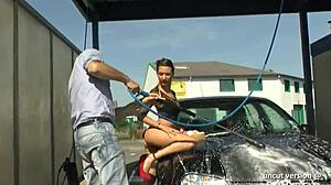 Pretty French babe gets sodomized in public carwash