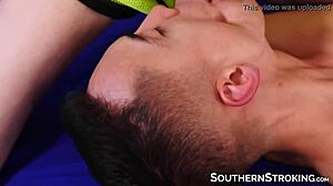 Sporty gay gives twink a blowjob and goes bareback