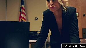 bridgette b in stockings interrogates hard cock for facial