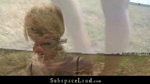 Blonde leashed and gagged takes rough pounding outdoors on the open plain.
