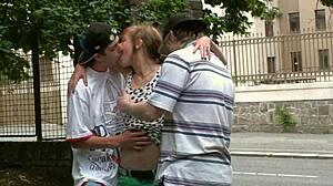 Cute teen Alexis Crystal banged in public threesome