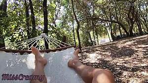 ohh i’m naked in park hammock, he touch my cock till i cum, ppl watchin - misscreamy