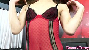 tgirl leticia muller cums on her thigh while a machine pounds her ass hard.