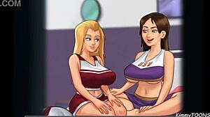 Summertime Saga: Perverted Neighbor Spies on Her and Her Slutty Friend Flashing Big Boobs in Tight Cheerleader Uniforms for the Game.