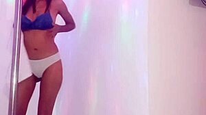 Skinny Brunette Student Bribes Teacher on Halloween for Homemade Pole Dance Porn.