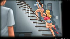 Summertime Saga: Perverted Neighbor Spies on Her and Her Slutty Friend Flashing Big Boobs in Tight Cheerleader Uniforms for the Game.