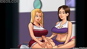 Summertime Saga: Perverted Neighbor Spies on Her and Her Slutty Friend Flashing Big Boobs in Tight Cheerleader Uniforms for the Game.