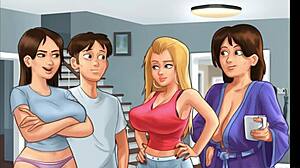 Summertime Saga: Perverted Neighbor Spies on Her and Her Slutty Friend Flashing Big Boobs in Tight Cheerleader Uniforms for the Game.