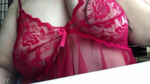 Sexy brunette flaunts her massive tits in solo action