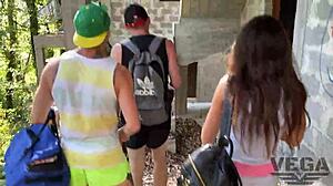 Whore lost in forest gets all holes filled by three strangers