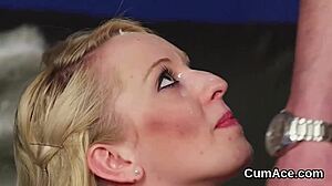 hot babe gets face covered in cum, swallowing every drop