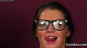 Nasty centerfold receives cumshot on face and swallows