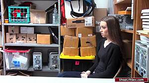 Skinny brunette fucked by old security officer in office!