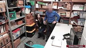 Skinny brunette fucked by old security officer in office!