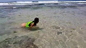 passionate outdoor sex on beach with orgasm, small waist, legs, and tits