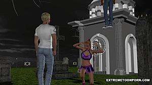 3D goth babe gets double penetration blowjob in graveyard outdoor fantasy