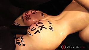 sub-slut with big tits gets gagged and pounded hard by black cock.