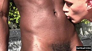 DeAngelo Jackson pounds Zak Bishop's muscular ass bareback.