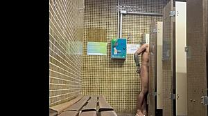 damn, muscular dude spied showering at gym!