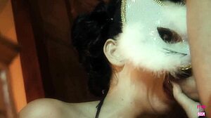 lovely masked slave blows her master and rides hard in doggy