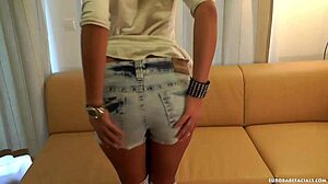 Cute blonde strips seductively. She deepthroats cock, licks balls, then takes facial cumshot