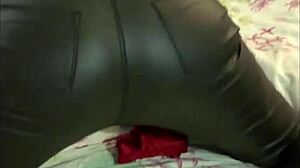 French Blonde Amateur Rocks Leather Pants and Lingerie in POV