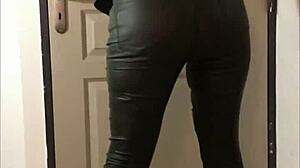 French Blonde Amateur Rocks Leather Pants and Lingerie in POV