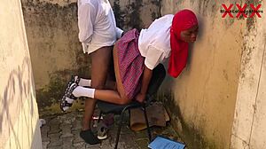 Big Cock Senior Prefect Fucking Petite Classmate at Principal's Window