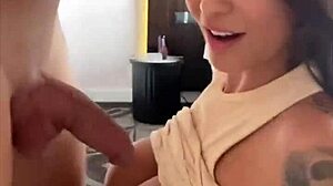 Busty teen BBW model delivers intense backstage POV blowjob during shoot.