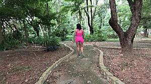 she's a nympho, sweating in shorts at the park with dripping pussy