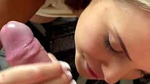 Busty teen BBW model delivers intense backstage POV blowjob during shoot.