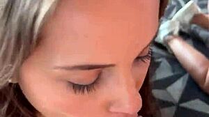 Busty teen BBW model delivers intense backstage POV blowjob during shoot.