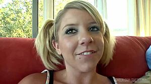 cute busty blonde teen gives sensual sloppy blowjob action