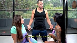 Muscular trainer Duncan Saint fucks blonde teens Sara Blonde and Mariana Martix hard in cardio class