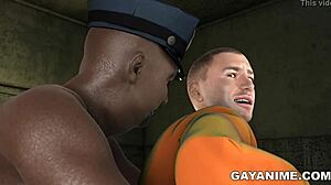 3d cartoon prisoner meets chubby black cop