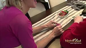 Blonde milf in boots blows a big cock intriguingly.