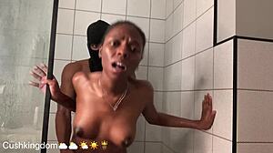 Babe with nice tits sucks big black cock then gets fucked in the shower.