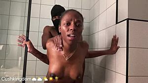 Babe with nice tits sucks big black cock then gets fucked in the shower.