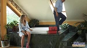 fat plumber growls, open wide, skinny blonde teen! as he finishes