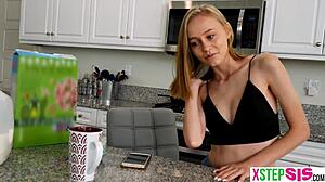 My tiny stepsister Alicia noticed my hard cock and gave a blowjob