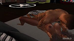 Ebony 3D cartoon babe shows off ass and tits in wild hentai scene