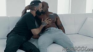 Muscular black gay stud demolishes bearded white hunk with massive cock