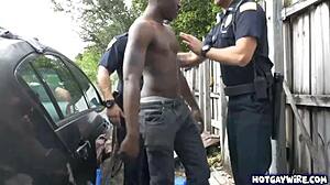 Two rough police officers dominate black guy in office 3some