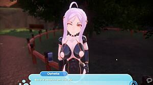 A sex doll performs a teasing dance in the monster girl island hentai game, showcasing her big and small tits.
