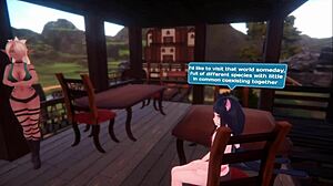 A sex doll performs a teasing dance in the monster girl island hentai game, showcasing her big and small tits.