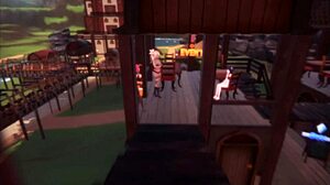 A sex doll performs a teasing dance in the monster girl island hentai game, showcasing her big and small tits.