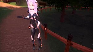 A sex doll performs a teasing dance in the monster girl island hentai game, showcasing her big and small tits.