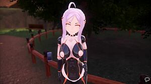 A sex doll performs a teasing dance in the monster girl island hentai game, showcasing her big and small tits.