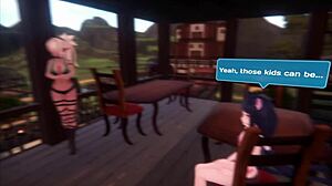 A sex doll performs a teasing dance in the monster girl island hentai game, showcasing her big and small tits.